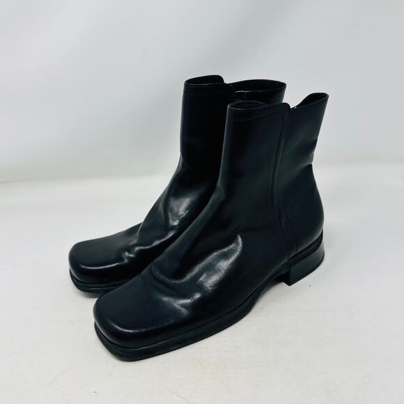 Vintage Nine West Black Leather Ankle Boots Square Toe Y2K 90s Minimalist Sz 9.5 - Picture 1 of 12